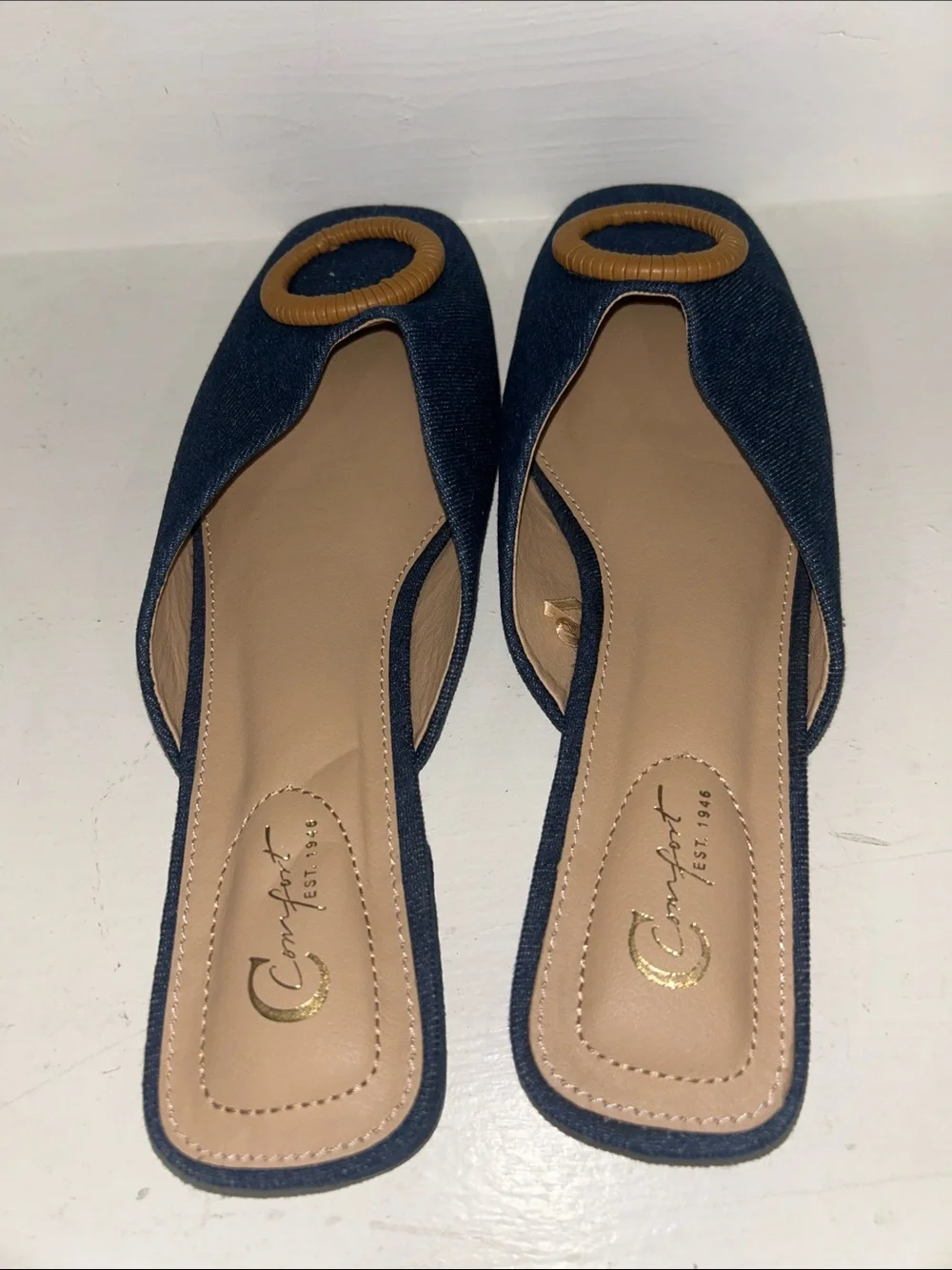 Denim Slide Mules with Tan Ring Detail - Women Shoes - Picture 2 of 3
